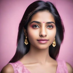 A portrait of a beautiful 20-year-old Indian woman, visible from head to upper chest