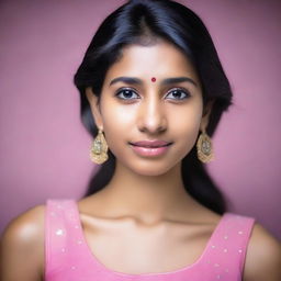 A portrait of a beautiful 20-year-old Indian woman, visible from head to upper chest