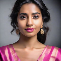 A portrait of a beautiful 28-year-old Indian woman, visible from head to upper chest