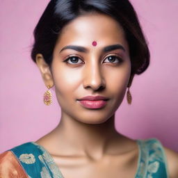 A portrait of a beautiful 28-year-old Indian woman, visible from head to upper chest