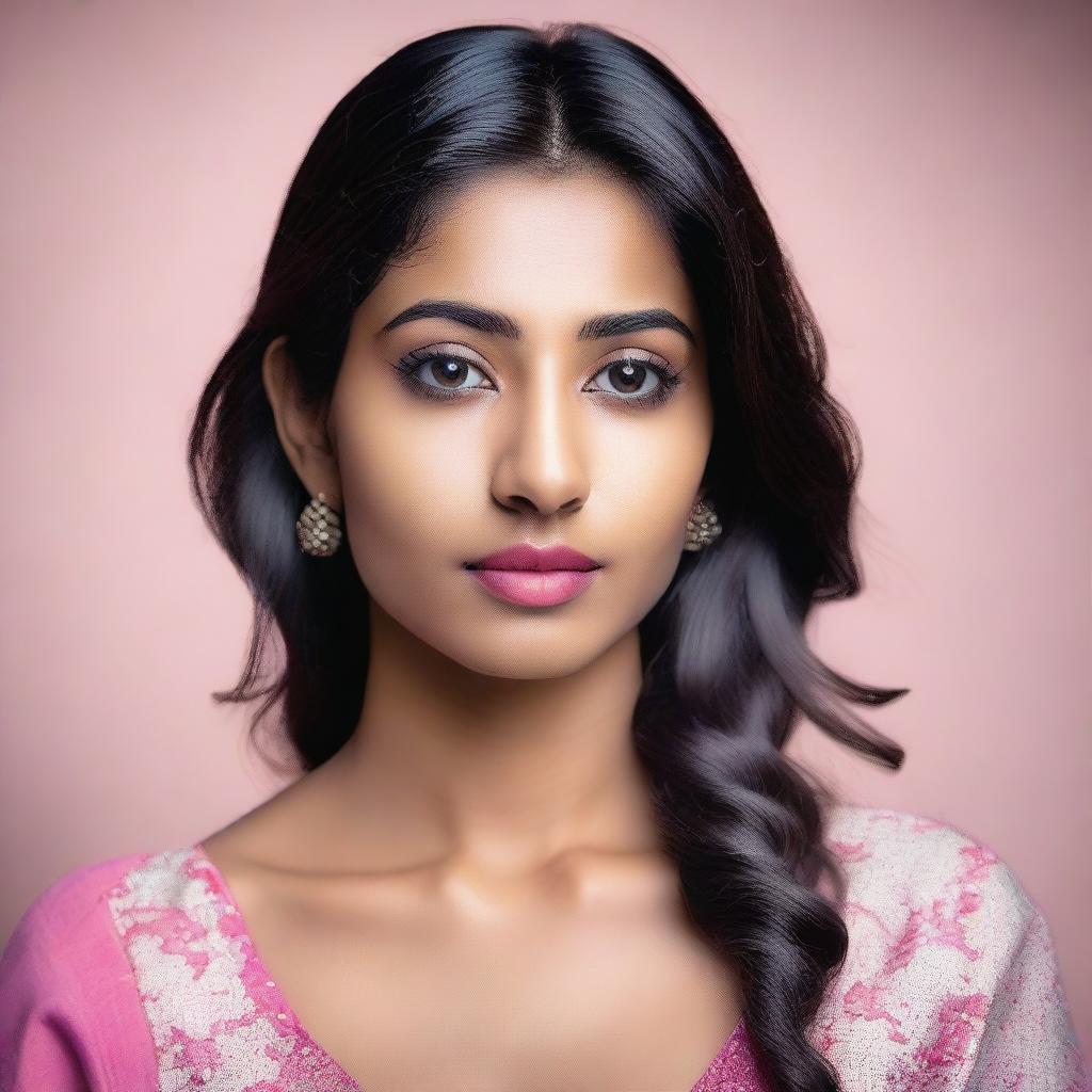 A portrait of a beautiful 28-year-old Indian woman, visible from head to upper chest