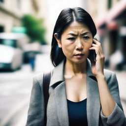 A photo capturing an anxious Asian woman trying to make a call on her cell phone