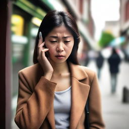 A photo capturing an anxious Asian woman trying to make a call on her cell phone