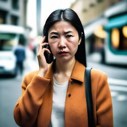 A photo capturing an anxious Asian woman trying to make a call on her cell phone