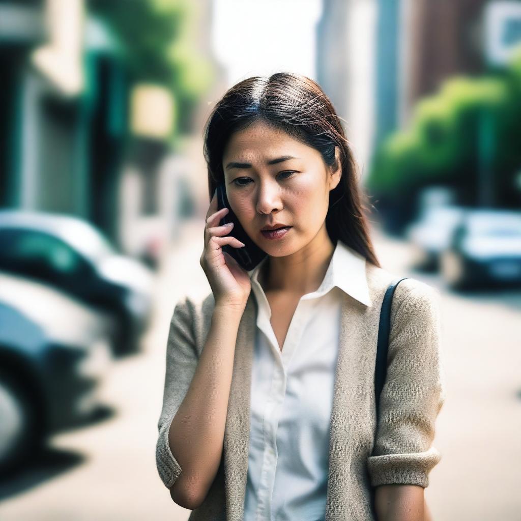 A photo capturing an anxious Asian woman trying to make a call on her cell phone