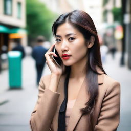 A photo capturing a beautiful Asian woman trying to make a call on her cell phone