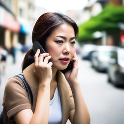 A photo capturing a beautiful Asian woman trying to make a call on her cell phone