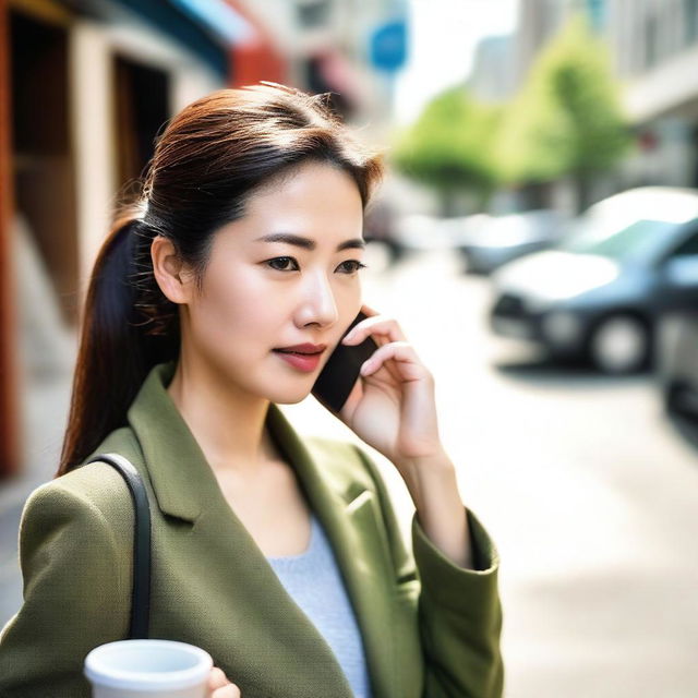 A photo capturing a beautiful Asian woman trying to make a call on her cell phone