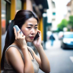 A photo capturing a beautiful Asian woman trying to make a call on her cell phone