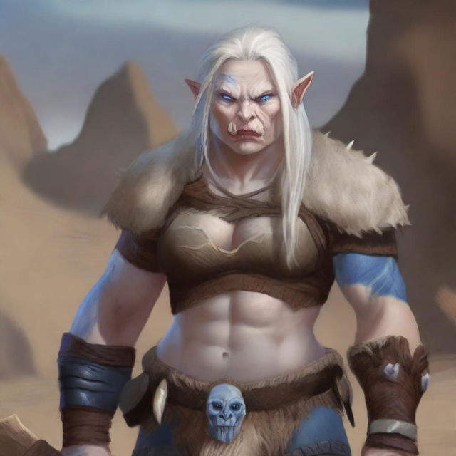 An albino middle-aged female orc barbarian with striking blue eyes and a cute face, standing in a rugged landscape