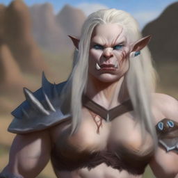 An albino middle-aged female orc barbarian with striking blue eyes and a cute face, standing in a rugged landscape