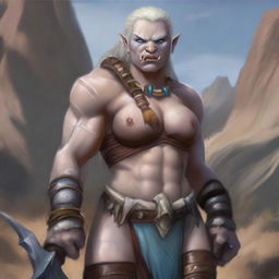 An albino middle-aged female orc barbarian with striking blue eyes and a cute face, standing in a rugged landscape