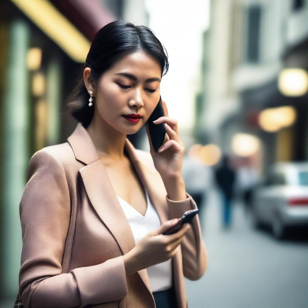 A photo capturing a beautiful Asian woman in elegant clothing trying to make a call on her cell phone