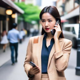 A photo capturing a beautiful Asian woman in elegant clothing trying to make a call on her cell phone