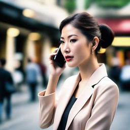 A photo capturing a beautiful Asian woman in elegant clothing trying to make a call on her cell phone