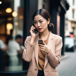 A photo capturing a beautiful Asian woman in elegant clothing trying to make a call on her cell phone