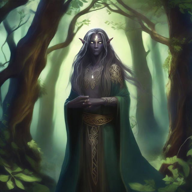 A dark elf druid standing in an enchanted forest