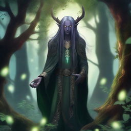 A dark elf druid standing in an enchanted forest