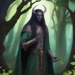 A dark elf druid standing in an enchanted forest