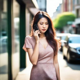 A photo capturing a beautiful Asian woman with flowing hair in a dress trying to make a call on her cell phone