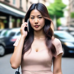 A photo capturing a beautiful Asian woman with flowing hair in a dress trying to make a call on her cell phone