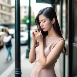 A photo capturing a beautiful Asian woman with flowing hair in a dress trying to make a call on her cell phone