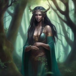 A dark elf female druid standing in an enchanted forest