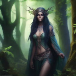 A dark elf female druid standing in an enchanted forest