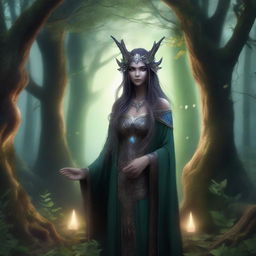 A dark elf female druid standing in an enchanted forest