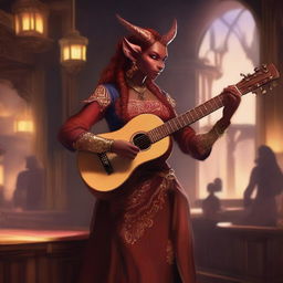 A female tiefling bard standing on a stage, playing a lute