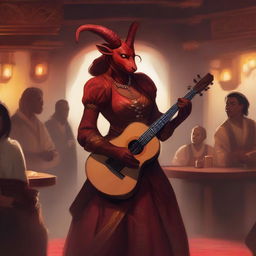 A female tiefling bard standing on a stage, playing a lute