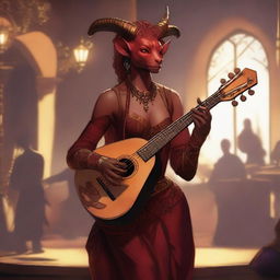 A female tiefling bard standing on a stage, playing a lute