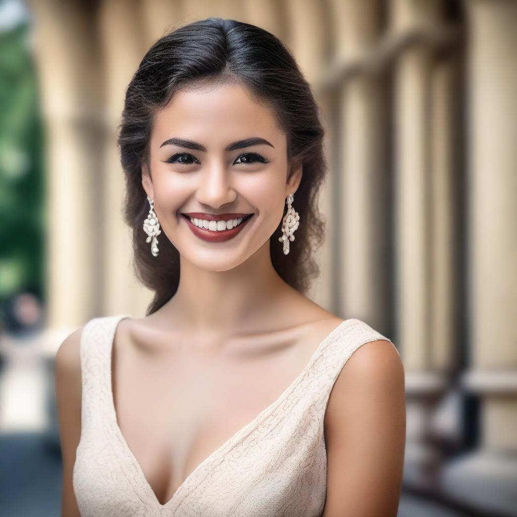 A high-resolution, realistic photograph taken with a Nikon camera, capturing a beautiful young woman with a sweet smile, wearing elegant and sophisticated attire