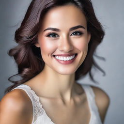 A high-resolution, realistic photograph taken with a Nikon camera, capturing a beautiful young woman with a sweet smile, wearing elegant and sophisticated attire