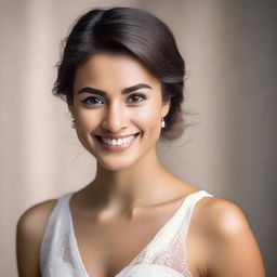 A high-resolution, realistic photograph taken with a Nikon camera, capturing a beautiful young woman with a sweet smile, wearing elegant and sophisticated attire