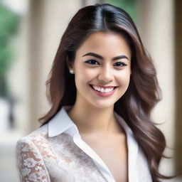 A high-resolution, realistic photograph taken with a Nikon camera, capturing a beautiful young woman with a sweet smile, wearing elegant and sophisticated attire