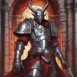 A male tiefling cleric wearing gleaming silver armor, standing in a sacred temple