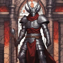 A male tiefling cleric wearing gleaming silver armor, standing in a sacred temple