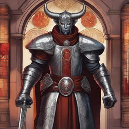 A male tiefling cleric wearing gleaming silver armor, standing in a sacred temple