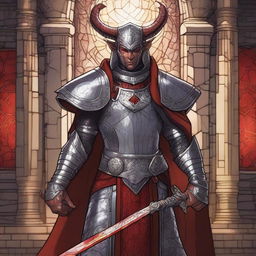 A male tiefling cleric wearing gleaming silver armor, standing in a sacred temple