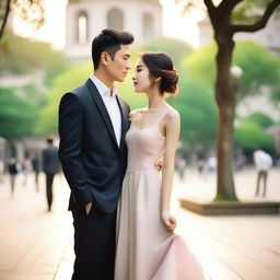 A photo capturing a beautiful Asian woman in a dress and a handsome Asian man in elegant clothing, looking at each other with loving eyes