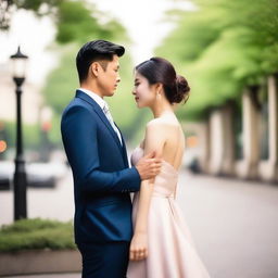 A photo capturing a beautiful Asian woman in a dress and a handsome Asian man in elegant clothing, looking at each other with loving eyes