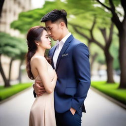 A photo capturing a beautiful Asian woman in a dress and a handsome Asian man in elegant clothing, looking at each other with loving eyes