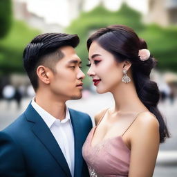 A photo capturing a beautiful Asian woman in a dress and a handsome Asian man in elegant clothing, looking at each other with loving eyes