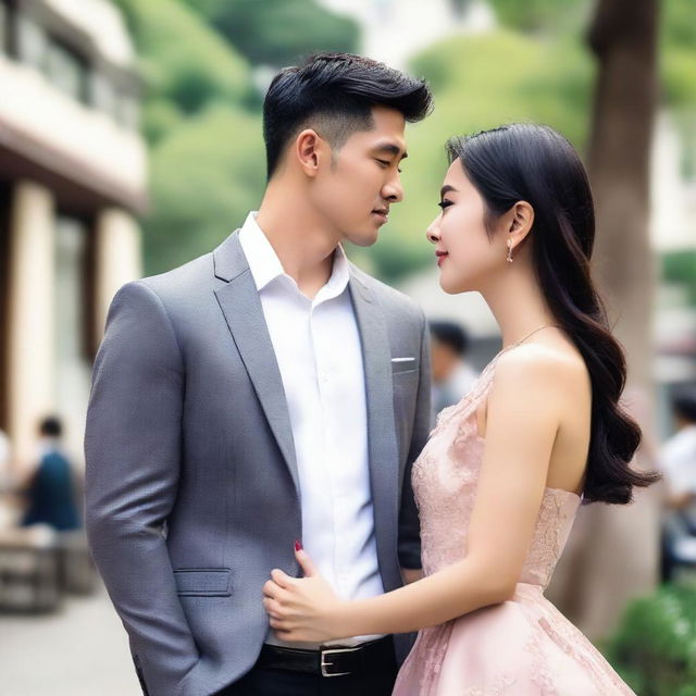 A photo capturing a beautiful Asian woman in a mini dress and a handsome Asian man in elegant clothing looking at each other with loving eyes