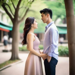 A photo capturing a beautiful Asian woman in a mini dress and a handsome Asian man in elegant clothing looking at each other with loving eyes