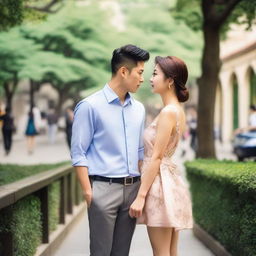 A photo capturing a beautiful Asian woman in a mini dress and a handsome Asian man in elegant clothing looking at each other with loving eyes