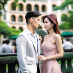 A photo capturing a beautiful Asian woman in a mini dress and a handsome Asian man in elegant clothing looking at each other with loving eyes