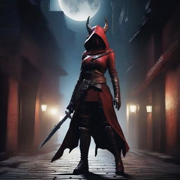 A female tiefling rogue standing in a shadowy alleyway