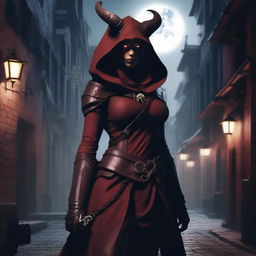 A female tiefling rogue standing in a shadowy alleyway